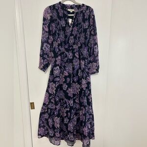 LOFT Long Sleeve Floral Dress in Purple and Black